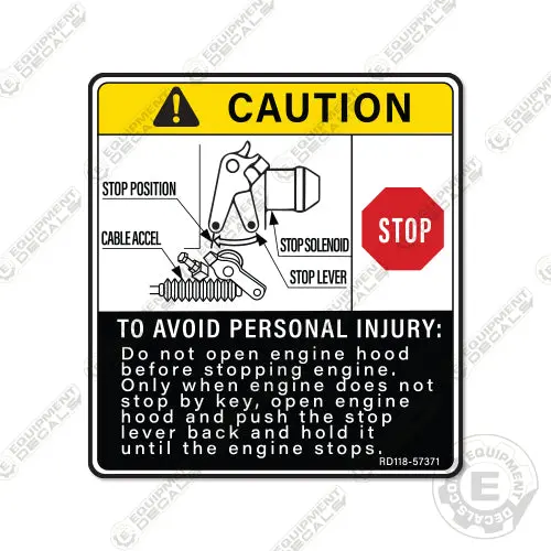 Fits Kubota Rear Hood Warning Decal Mini Excavator 1